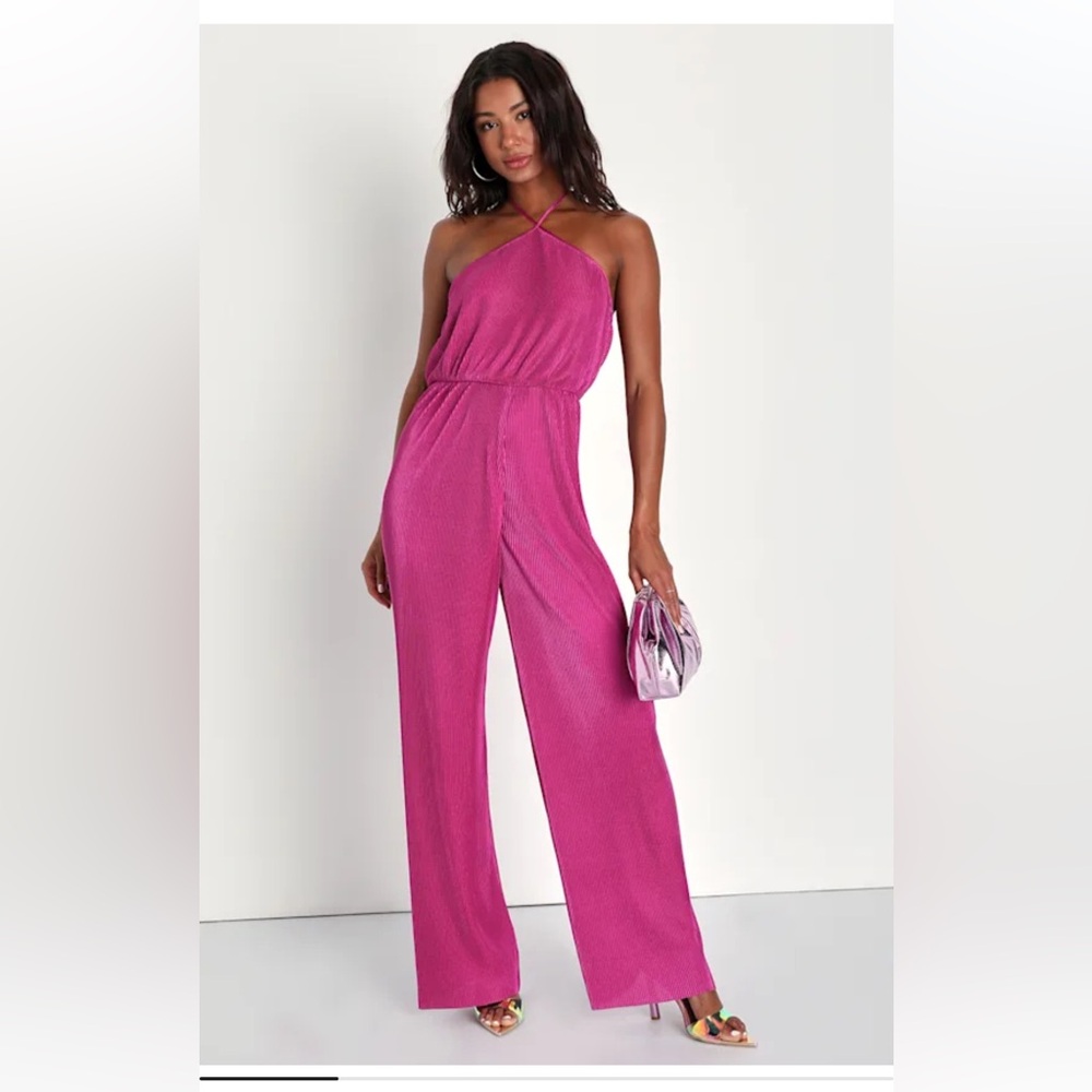 NWT Satin Plisse Wide Leg Halter Jumpsuit